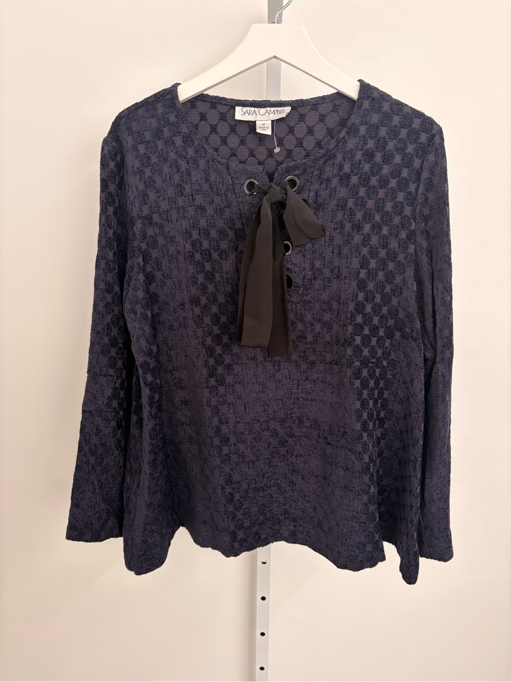 Sara Campbell Navy Textured Long-Sleeve Top with Black Lace Tie